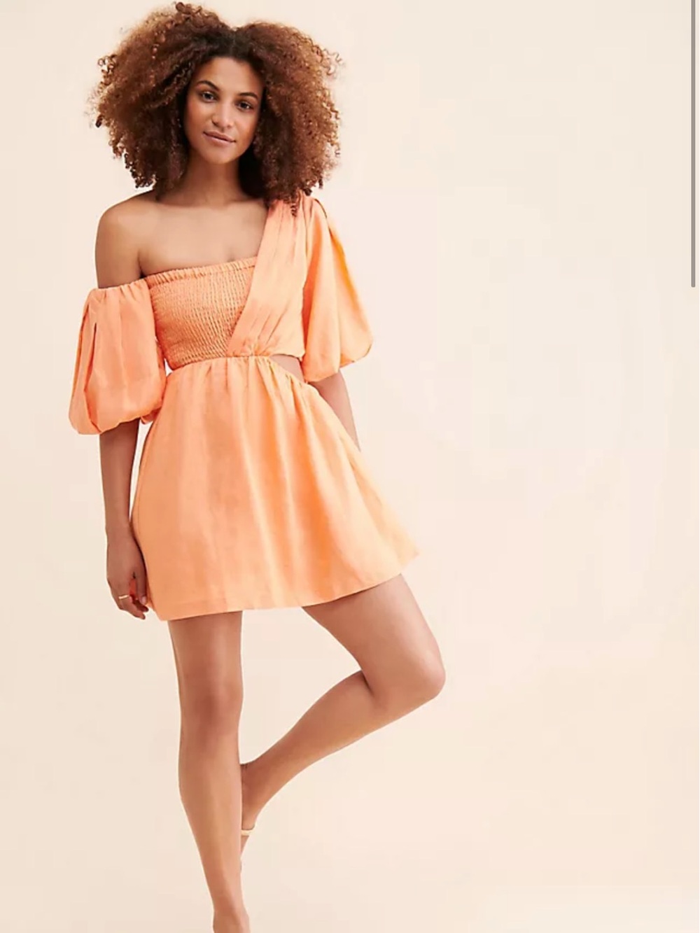 Anthropologie Sovere Delay Mini Dress Off-Shoulder Peach with Puff Sleeves Large